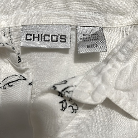 Chico’s Long Sleeve Chicks & Birds Boxy Button Up White Linen Shirt Black Birds - Picture 5 of 7